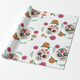 Schedels van suiker en bloemen voor de Dag van de Cadeaupapier