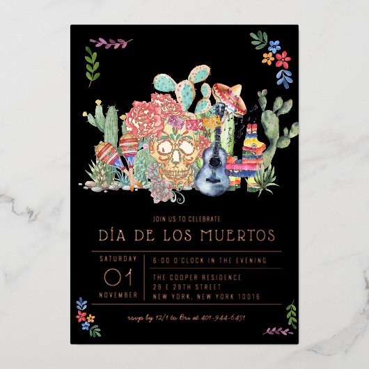Schedels van Suiker Feest van de Doden Folie Uitnodiging (Voorkant)