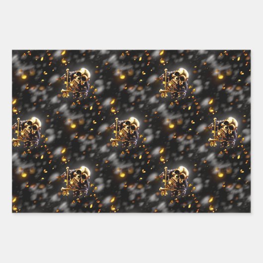 Schedelskelet gezicht zwart goud piraten thema inpakpapier vel (Voorkant 3)