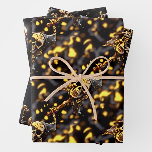 Schedelskelet gezicht zwart goud piraten thema inpakpapier vel (In situ)