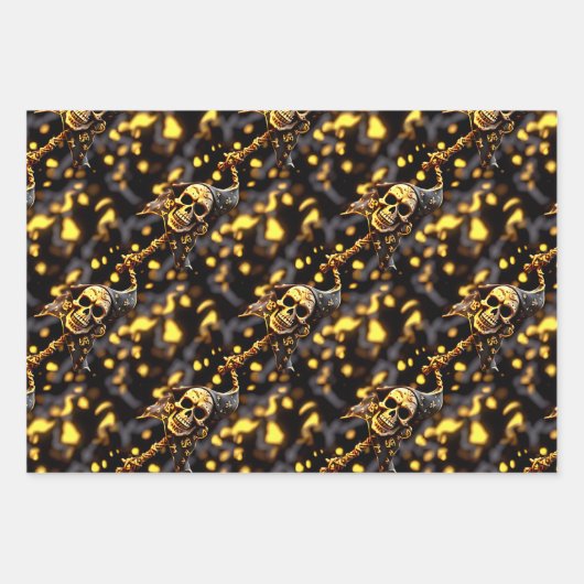 Schedelskelet gezicht zwart goud piraten thema inpakpapier vel (Voorkant)