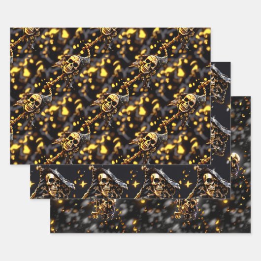 Schedelskelet gezicht zwart goud piraten thema inpakpapier vel (Set)