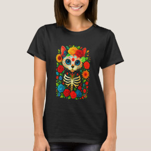 Schedelsuiker Kat Dia de Muertos Halloween Dag van T-shirt