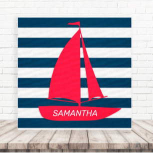 Scheeps Navy Blauw Witte Streep Rode Boot Monogram Canvas Afdruk