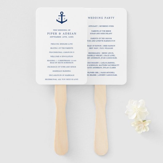 Scheepsanker Navy Blauwe Monogram Huwelijksprogram Handwaaier (Voorkant en achterkant)
