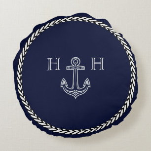 Scheepsblauw Anker Kust Monogram Rond Kussen