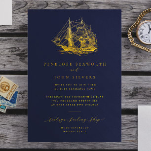 Scheepsillustratie Navy Blauwe Trouw Folie Uitnodiging