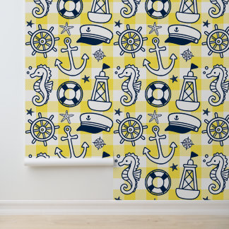 Scheepskledders – Geel en marineblauw kustgingham Behang