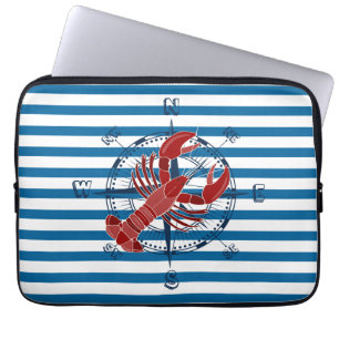Scheepskompas en kreeft Blauwe en Witte Streep Laptop Sleeve