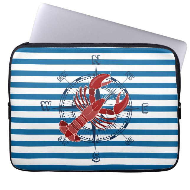 Scheepskompas en kreeft Blauwe en Witte Streep Laptop Sleeve (Voorkant)