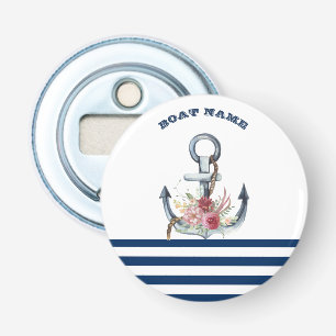 Scheepsnaam, Anker Bloemen Marineblauwe Strepen Button Flesopener