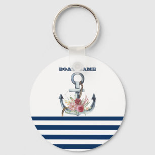 Scheepsnaam, Anker Bloemen Marineblauwe Strepen Sleutelhanger
