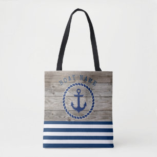 Scheepsnaam,Anker Marineblauw Gestreepd Hout Draagtas