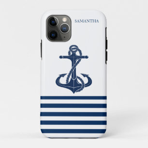 Scheepsnaam,Anker Marineblauw Wit Gestreept iPhone 11 Pro Hoesje
