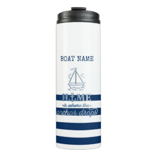 Scheepsnaam,Anker Zee Marine Blauw Gestreept Thermosbeker