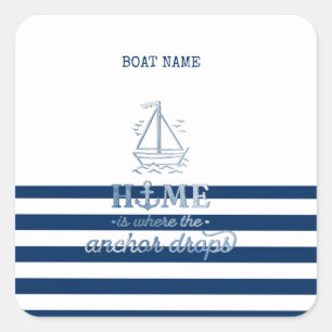Scheepsnaam,Anker Zee Marine Blauw Gestreept Vierkante Sticker