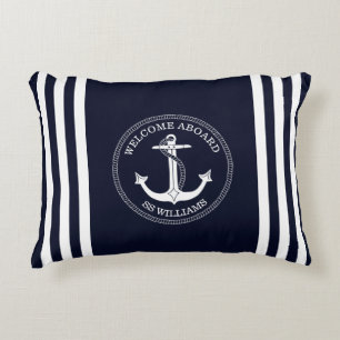 Scheepsnaam Blauw Witte Anker Strepen Jacht Marine Accent Kussen