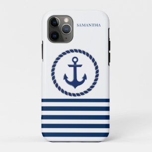 Scheepsnaam Nautical,Anker Marineblauw Gestreepte iPhone 11 Pro Hoesje