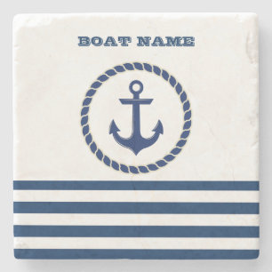 Scheepsnaam Nautical,Anker Marineblauw Gestreepte Stenen Onderzetter