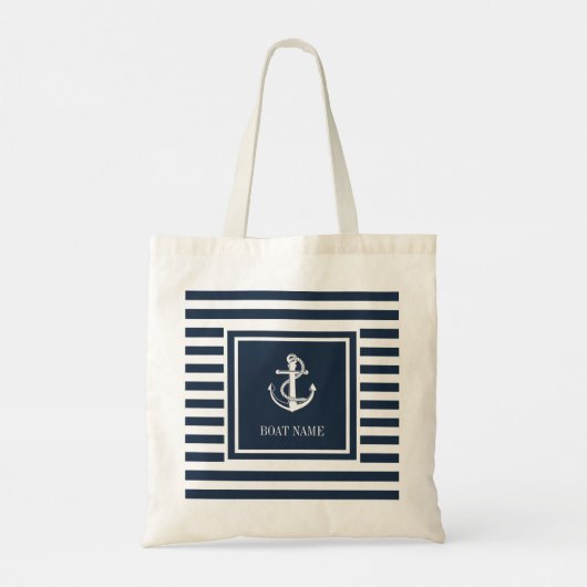 Scheepsnaam Nautisch Anker Touw Marineblauw Gestre Tote Bag (Achterkant)