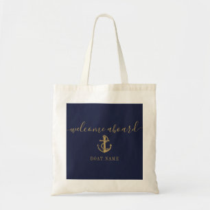 Scheepsnaam Navy Blauw Goud Welkom Aan Boord Tote Bag