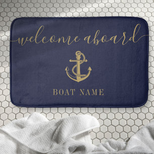 Scheepsnaam Navy Blauwe Gouden Welkom Aan Boord Badmat