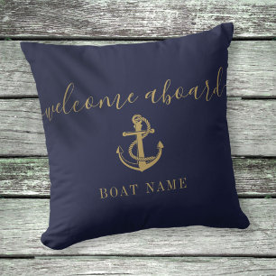 Scheepsnaam Navy Blue En Gouden Anker Welkom Aan B Kussen