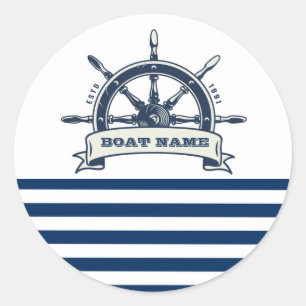 Scheepsstuurwiel, marineblauw wit gestreept ronde sticker