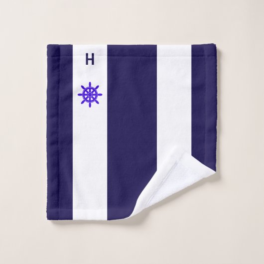 Scheepswiel en monogram op blauw & wit bad handdoek (Wasdoekje)