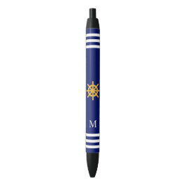 Scheepswiel en -monogram op blauwe achtergrond zwarte inkt pen