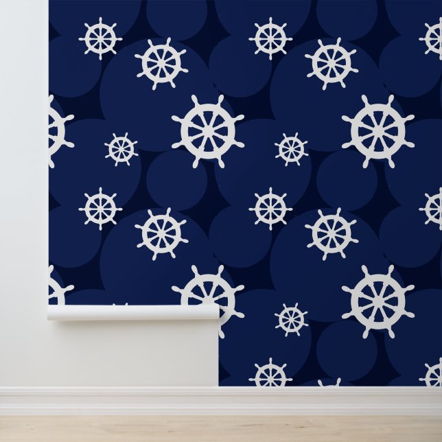 Scheepswielen en -cirkels blauw en wit behang (Applicatie)