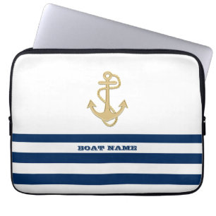 Scheepvaart, Gouden Anker  Marineblauw Witte Strep Laptop Sleeve
