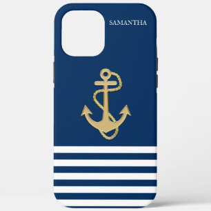 Scheepvaart, Gouden Anker Marineblauwe Gestreepte iPhone 12 Pro Max Hoesje