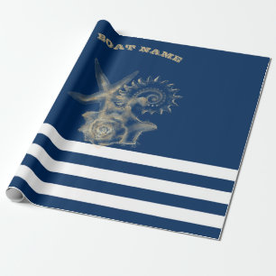 Scheepvaart, Gouden schelpen Marineblauwe strepen Cadeaupapier