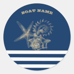 Scheepvaart, Gouden schelpen Marineblauwe strepen Ronde Sticker