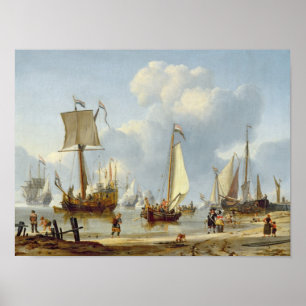 Scheepvaart in Calm Water met figuren van de kust Poster