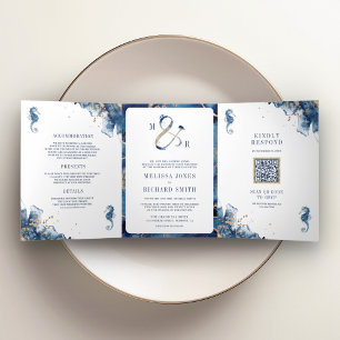 Scheepvaart Marine Monogram Et-teken QR-code Huwel Drieluik Uitnodiging