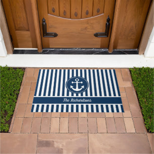 Schel anchor met touw op marineblauwe strepen deurmat