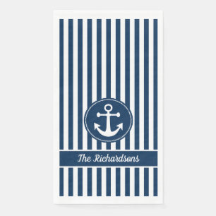 Schel anchor met touw op marineblauwe strepen servet