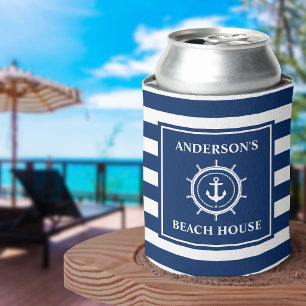 Schel anchor touw helm blauw gestreepte strandhuis blikjeskoeler