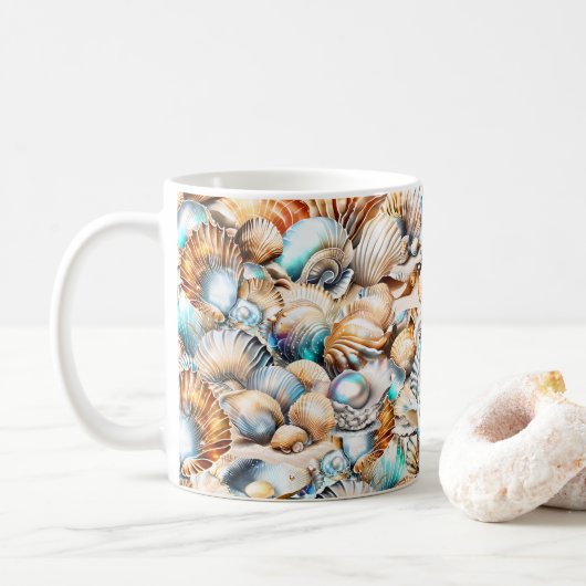 Schelp collage iriserende zee kust chic koffiemok (Met donut)