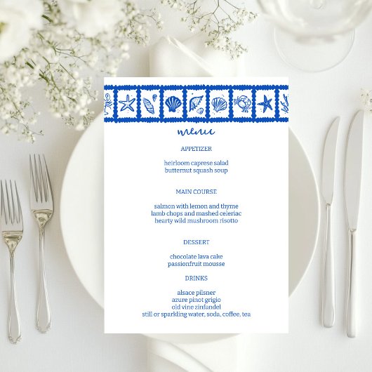 Schelp Raster Strand Bruiloft Blauw Wit AANPASBAAR Menu
