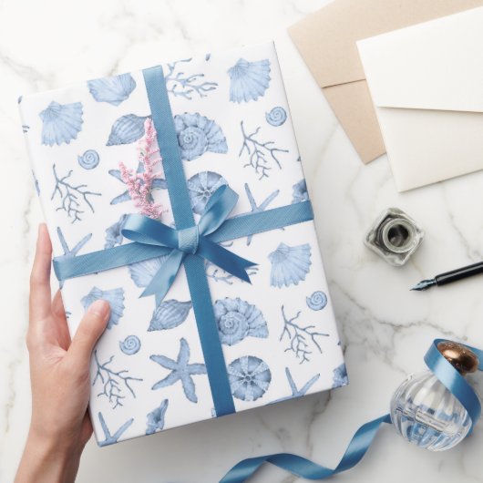 Schelpen Inpakpapier, Blauwe Zeekust Cadeauverpakk Cadeaupapier (Geschenken)