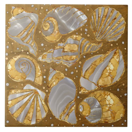 Schelpen patroon - parel en goud tegeltje (Voorkant)
