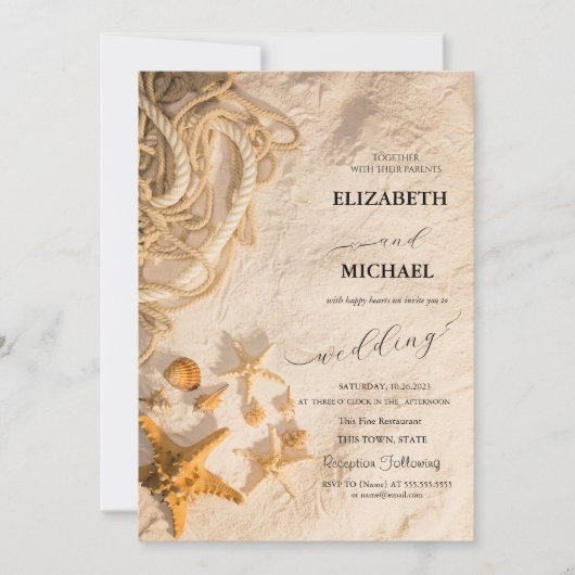 Schelpen Touw Zand Script Bruiloft Kaart (Voorkant)