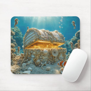 Schelpschatkist onder water met munten muismat