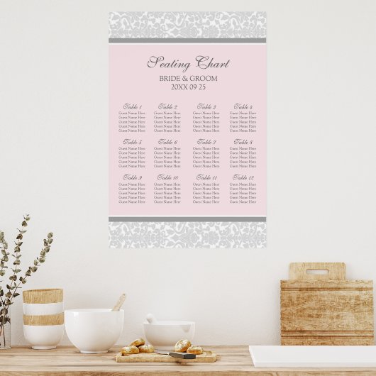 Schema 12 tabellen Roze grijze Damask Poster (Keuken)