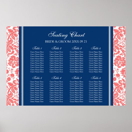 Schema 8 Tables Coral Blue Damask Poster (Voorkant)
