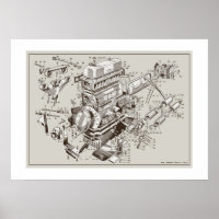 Schematisch Poster van de motor MG "TF" - Off-Whit