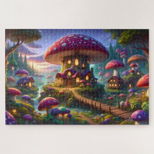 schemering in paddestoel stad legpuzzel (Horizontaal)